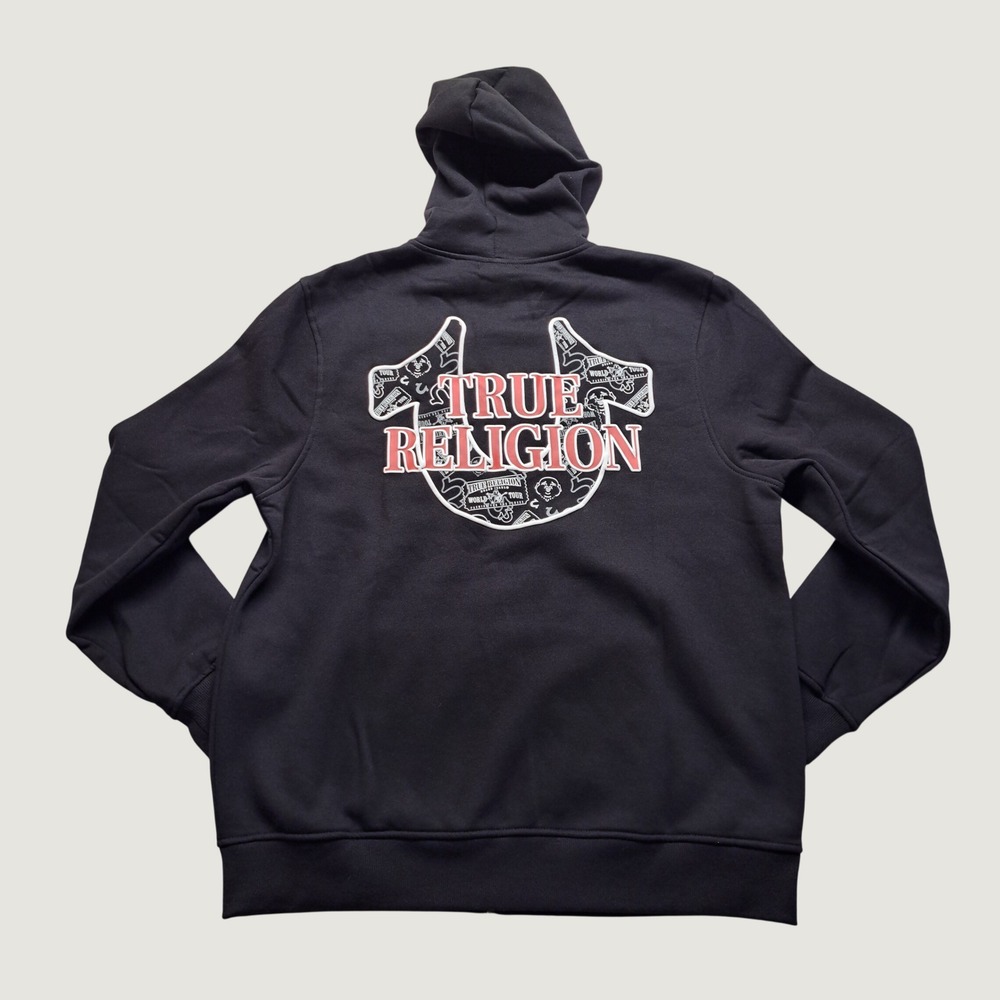 True Religion Zip Hoodie Mens XXL Black New HS Filled AOP Graphic Sweatshirt